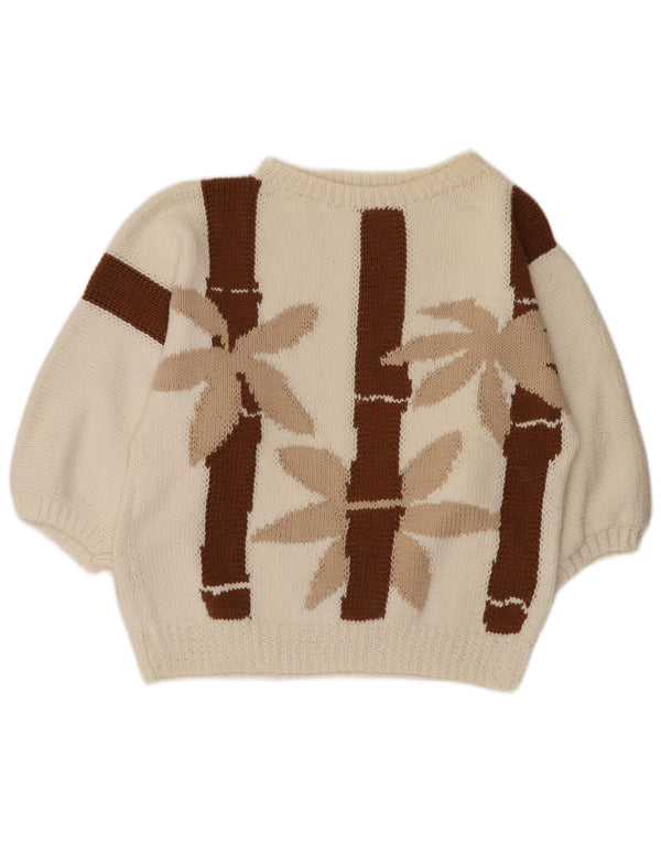 Pulover vintage pentru femei, cu mâneci 3/4, cu gât de barcă, UK 10, mic, alb, floral