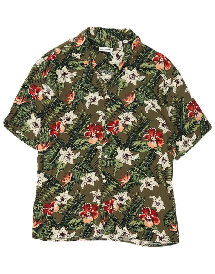 Cămașă cu mânecă scurtă pentru bărbați JACK & JONES Viscoză florală kaki medie