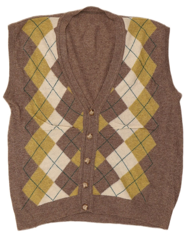 Vintage Mens Sleeveless Cardigan Sweater Large Brown Argyle/Diamond Wool