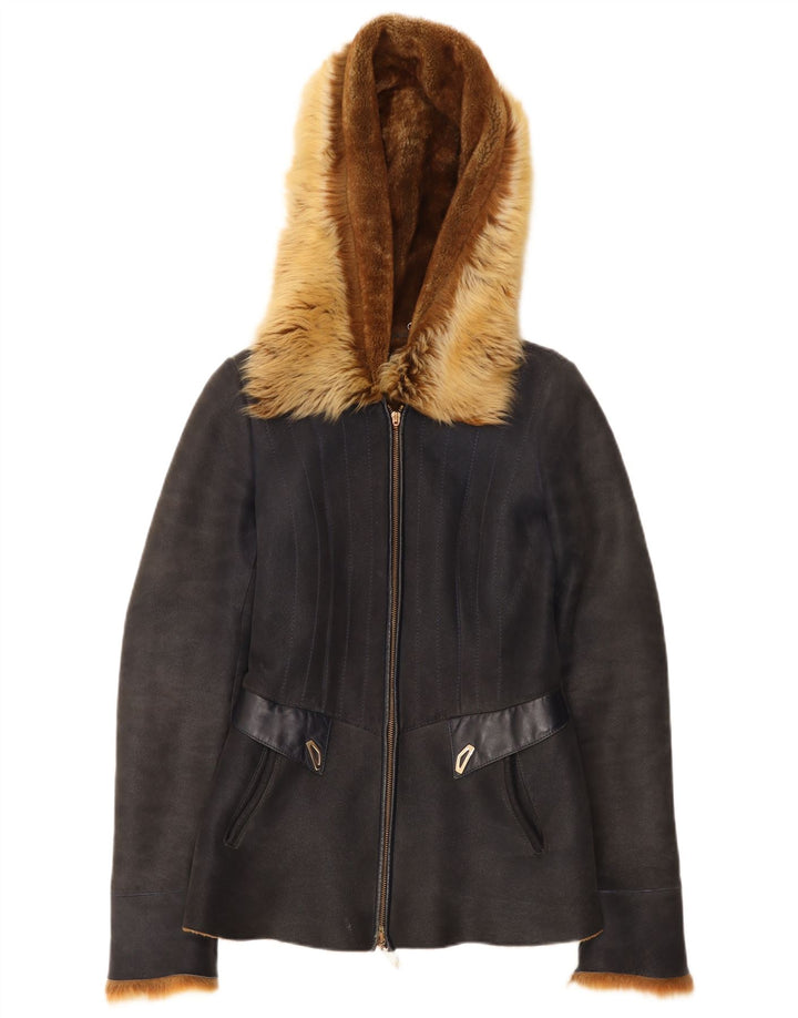 Jachetă din shearling cu glugă vintage pentru femei EU 38 Medium bleumarin din piele