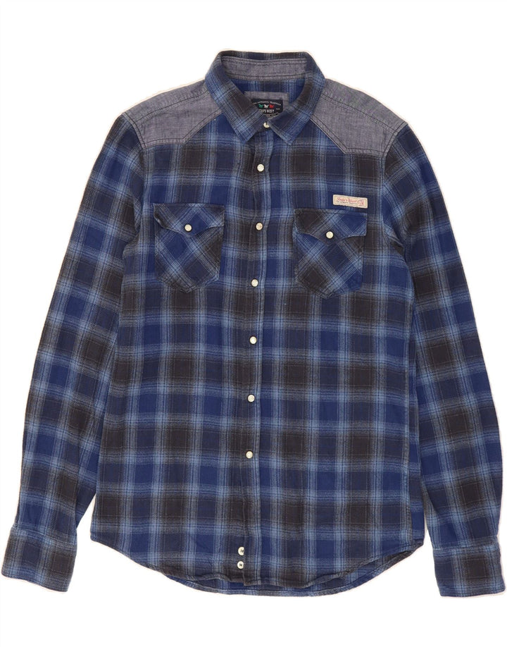 VINTAGE Mens Slim Flannel Shirt Medium Blue Check Cotton Vintage Vintage and Second-Hand Vintage from Messina Hembry 