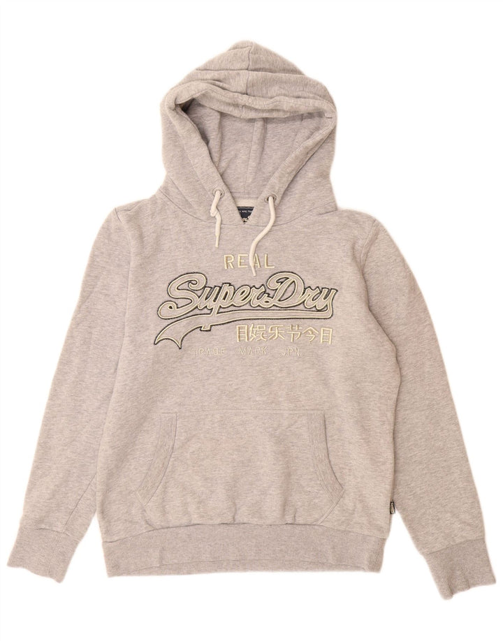 SUPERDRY Pulover cu glugă cu grafic pentru femei UK 14 mare, gri bumbac cu pete
