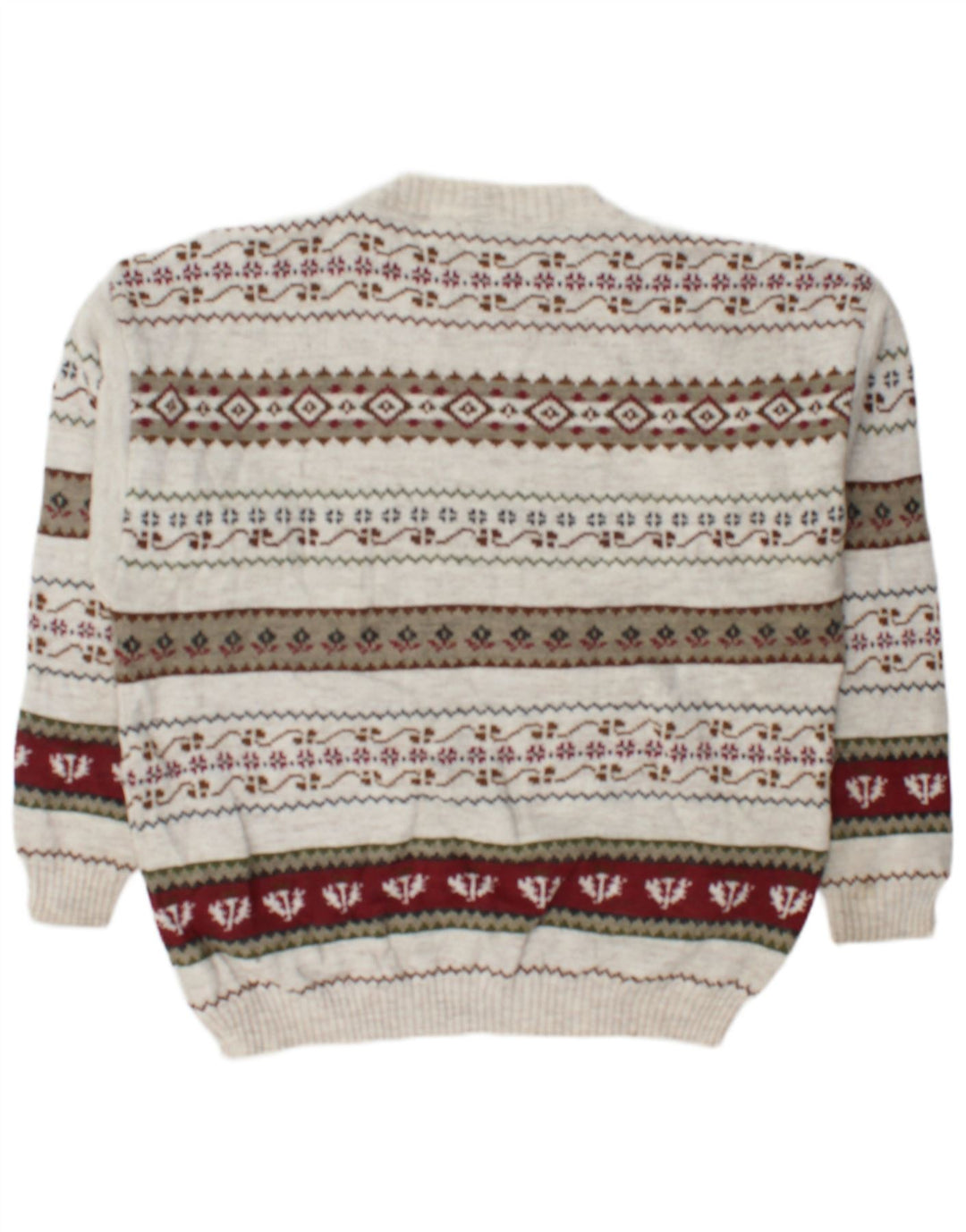 Pulover vintage pentru bărbați cu gât roșu, lână geometrică mare, alb
