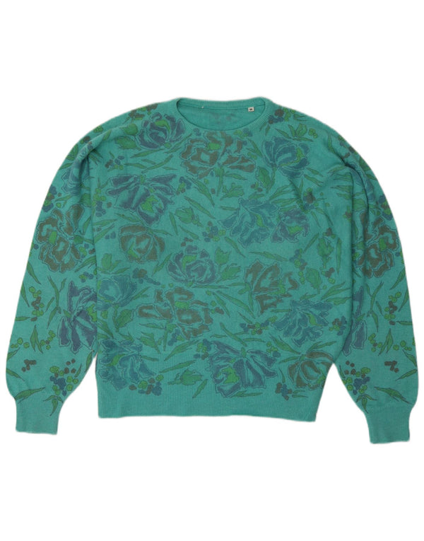 Pulover de damă vintage supradimensionat cu decolteu triplu UK 14, verde mediu, floral