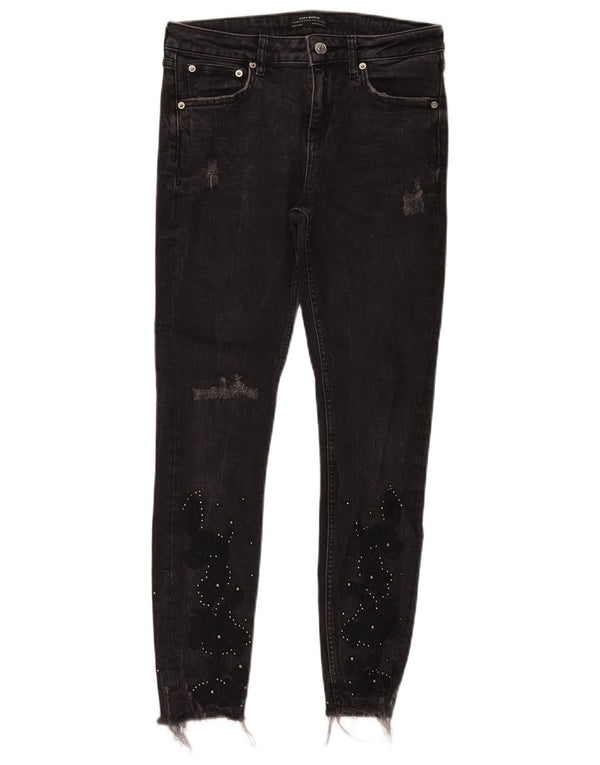 Blugi skinny distressed pentru femei Zara EU 38 Mici L29 L26 Gri Floral
