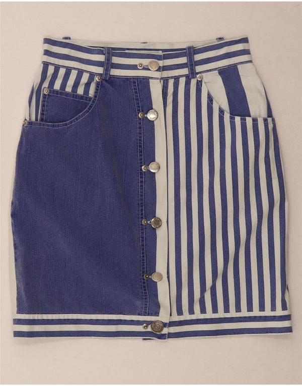 Fusta creion mini vintage pentru femei UK 8 mic W26 bumbac cu dungi bleumarin
