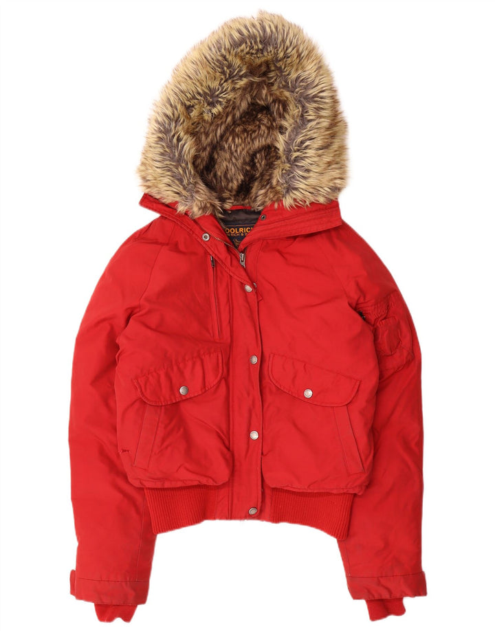 Jachetă căptușită cu glugă Woolrich pentru femei UK 14 Medium Red Nylon