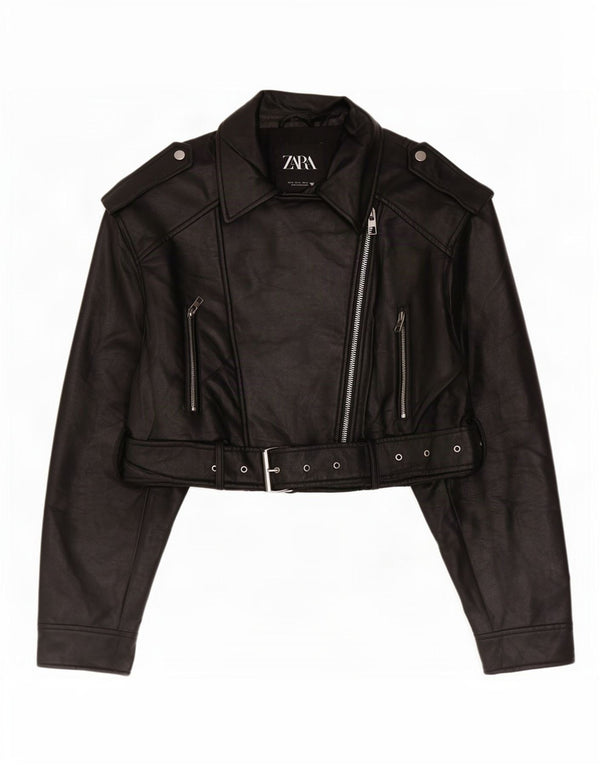 Jachetă motociclist din piele artificială pentru femei Zara UK 18 XL, poliester negru