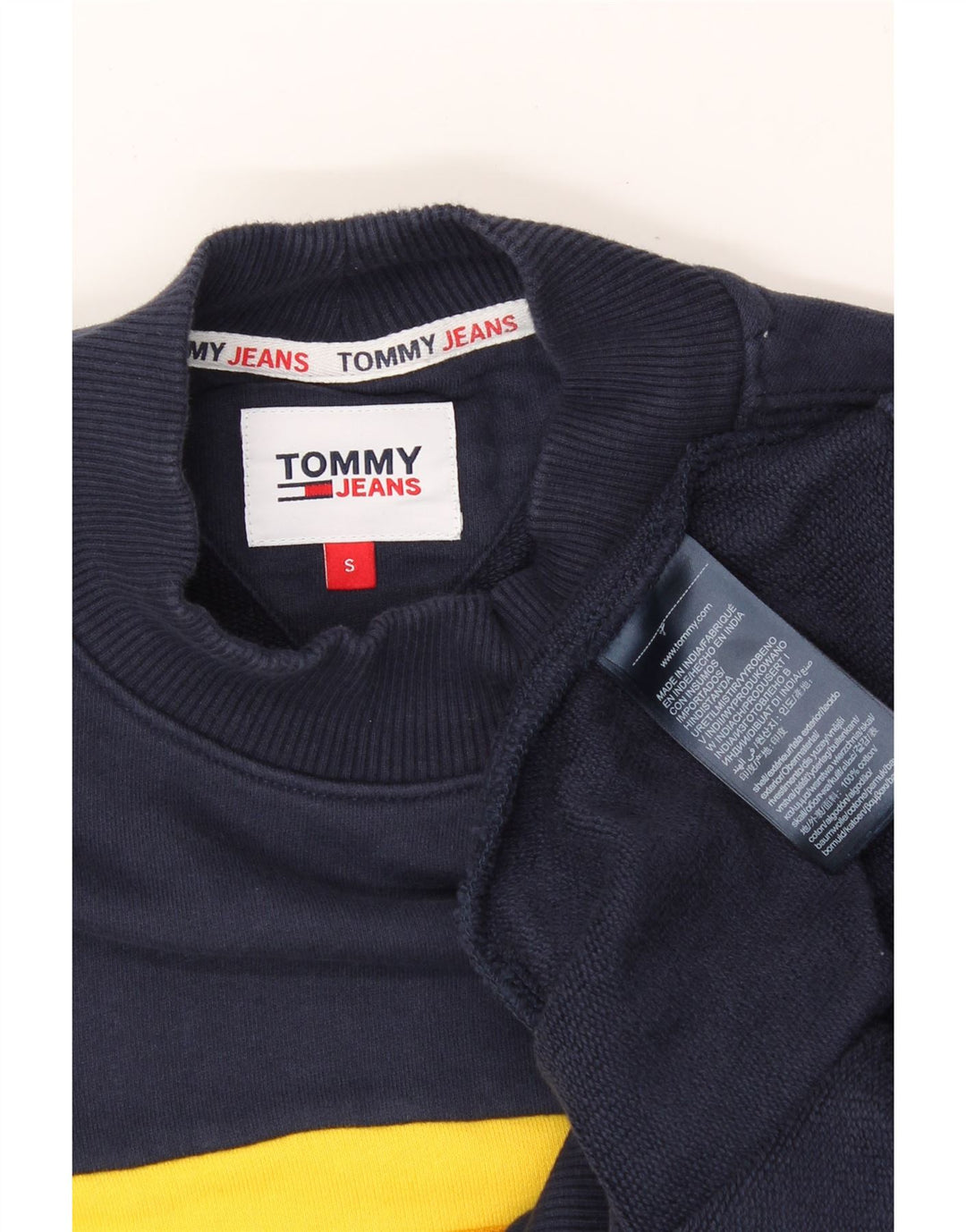 TOMMY HILFIGER Mens Graphic Sweatshirt Jumper Small Navy Blue Colourblock Vintage Tommy Hilfiger and Second-Hand Tommy Hilfiger from Messina Hembry 