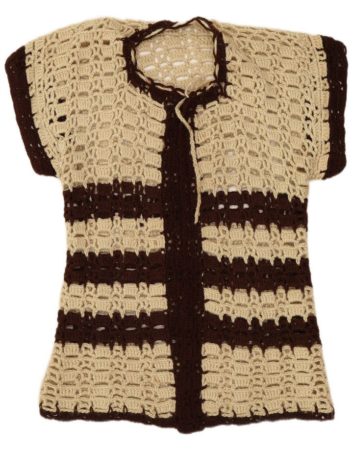 Pulover Cardigan Vintage cu mânecă scurtă pentru femei UK 8 Mic Bej cu dungi