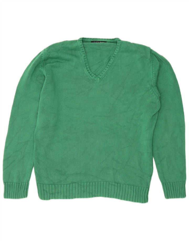 Pulover pentru bărbați Zara, cu decolteu în V, mare, verde, bumbac