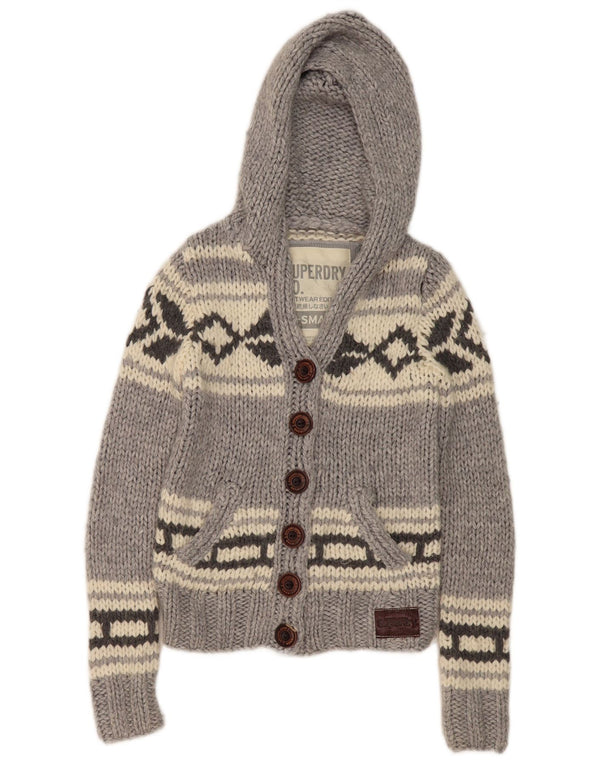 Superdry Womens Hooded Cardigan Sweater UK 6 XS Grey Geometric Acrylic