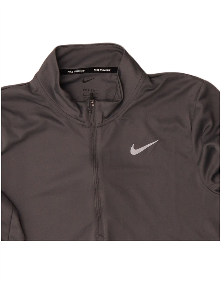 Top de trening NIKE Dri Fit, cu fermoar, cu gât, poliester, mic, gri