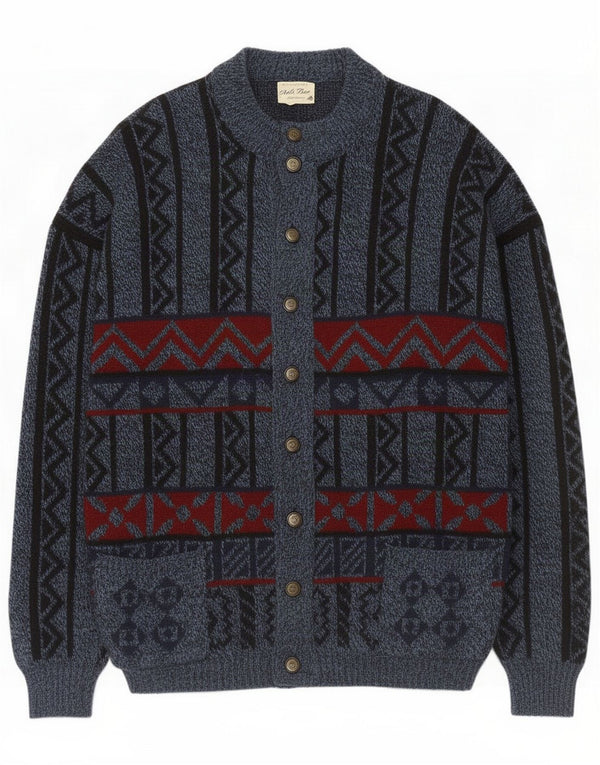 Vintage Mens Cardigan Pulover 2XL Blue Geometric Wool