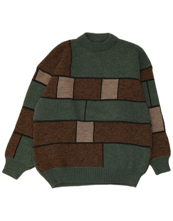 Vintage Mens Turtle Neck Jumper Sweater Medium Green Colourblock