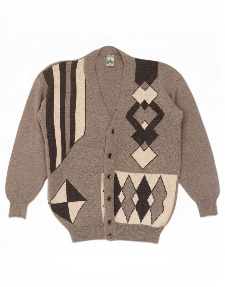 Pulover cardigan pentru bărbați Shetland, lână geometrică, gri mediu