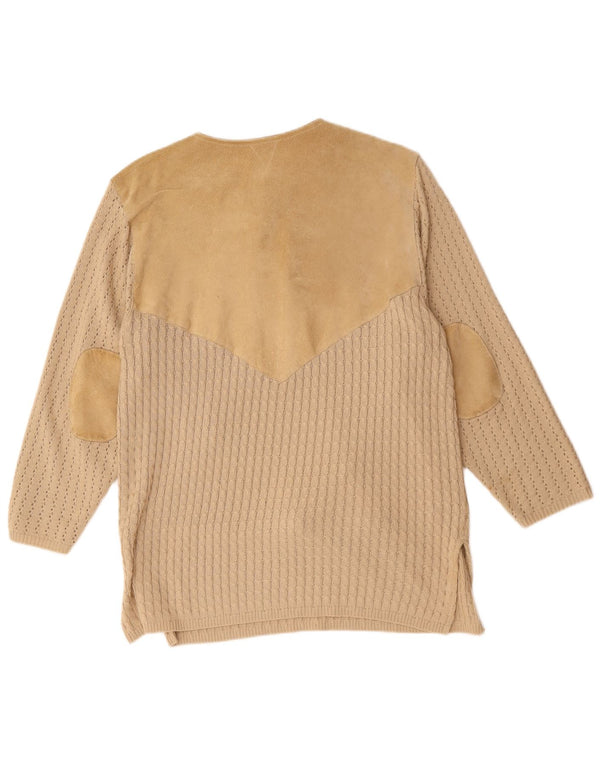 Vintage Womens Oversized V-Neck Jumper Sweater EU 40/42 Large Beige Leather