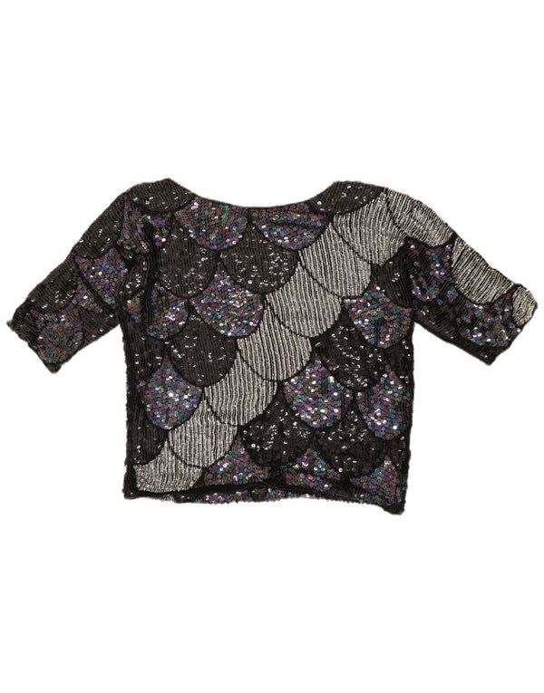 Bluză Vintage pentru femei Crop cu mâneci 3/4 UK 14 Medium Negru Geometric