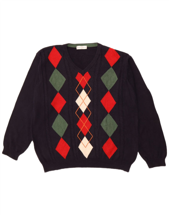 MARKS & SPENCER Mens V-Neck Jumper Sweater Large Navy Blue Argyle/Diamond