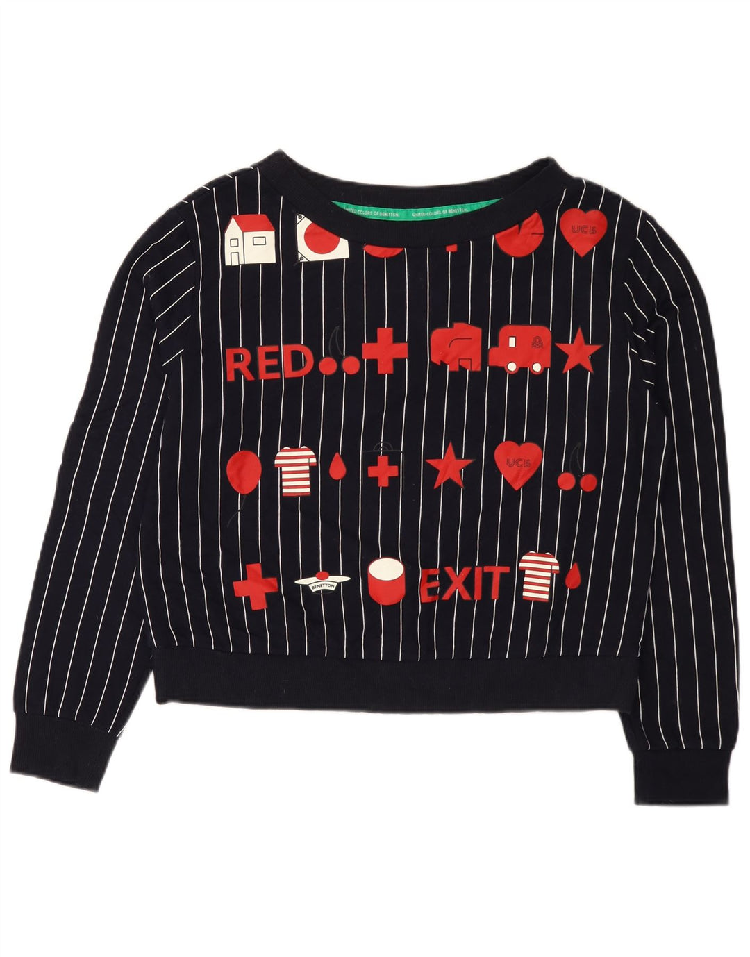 Pulover Benetton pentru damă cu grafică UK 14 Medium bleumarin cu dungi