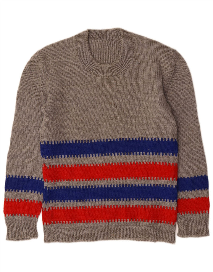 Pulover vintage pentru femei cu gât roșu, cu dungi, gri mediu, UK 14