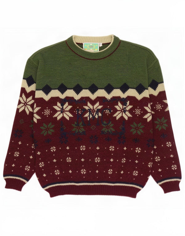 Pulover vintage pentru bărbați cu gâtul turnat XL, lână Fair Isle, verde