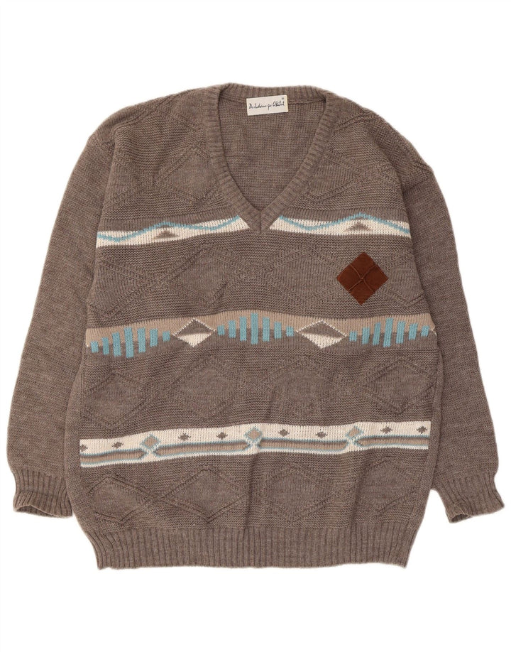 Pulover vintage pentru bărbați cu decolteu în V, lână Argyle/Diamond, gri mediu