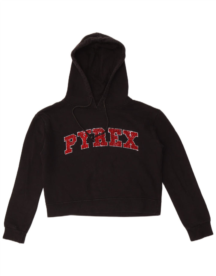 Pulover Pyrex pentru femei Crop Graphic Hoodie UK 14 Bumbac mediu negru