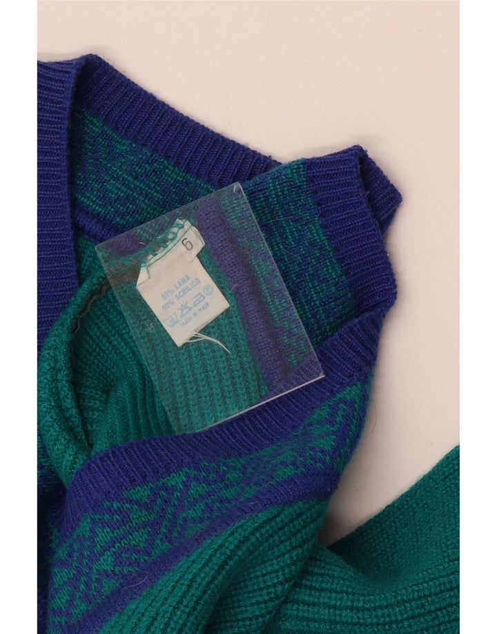 Pulover vintage pentru bărbați cu decolteu în V, lână geometrică, verde mare