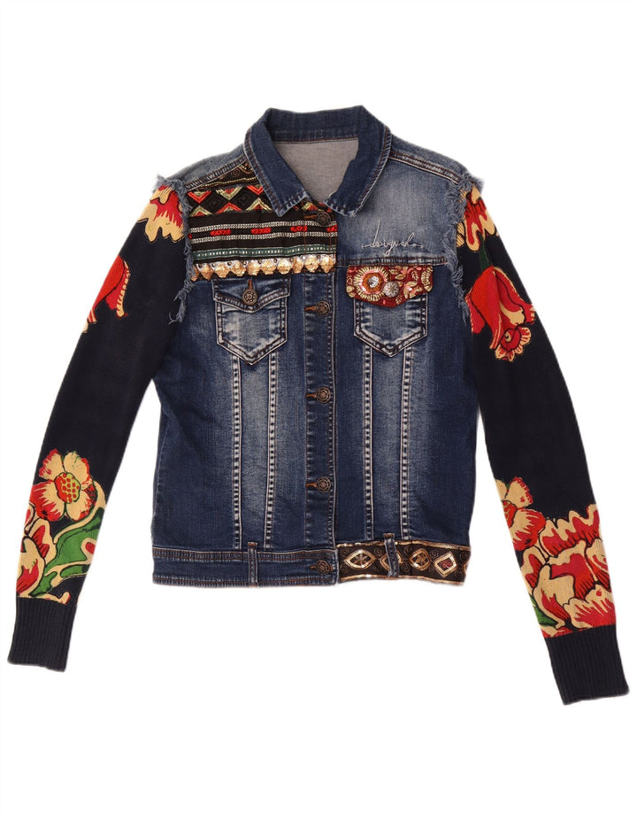 Jachetă Desigual pentru femei, cu grafică, din denim, EU 38, mediu, albastru, bumbac floral