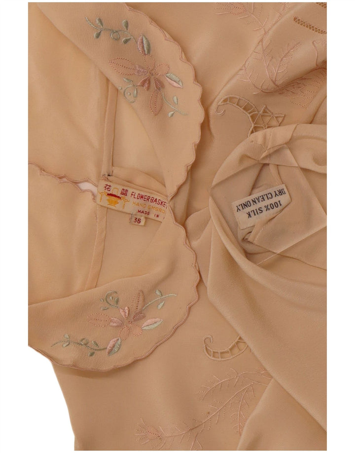 Bluză cămașă cu mânecă lungă pentru femei VINTAGE EU 36 Mic Bej Floral Mătase