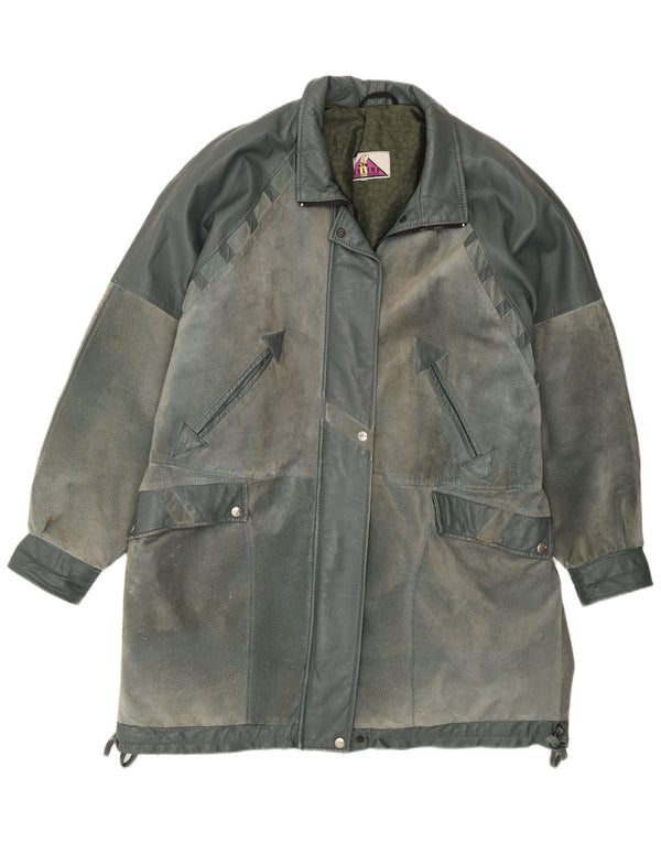Palton din piele vintage pentru femei UK 22 2XL Albastru