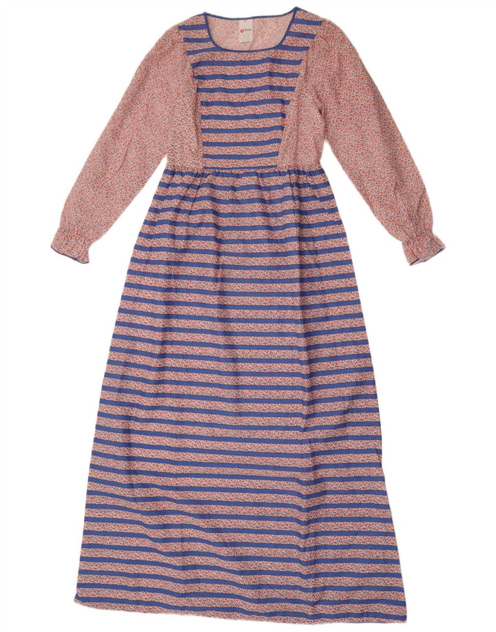 Rochie maxi cu mânecă lungă vintage pentru femei UK 14 Poliester cu dungi albastre medii