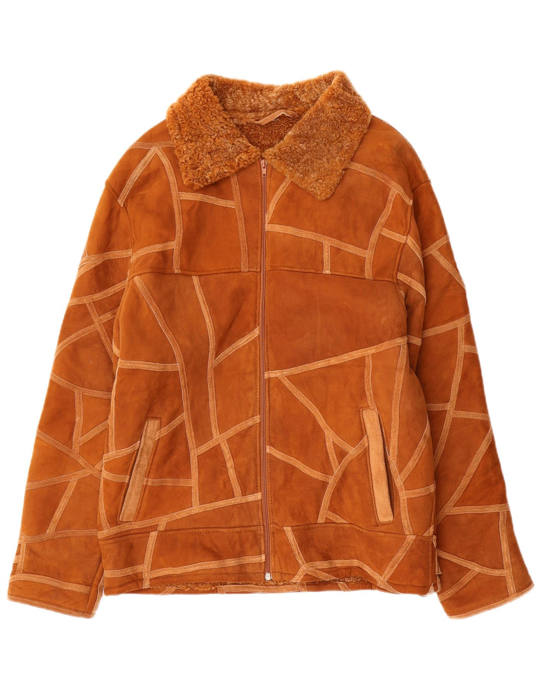 Jachetă vintage pentru femei din shearling UK 14 maro mediu geometric