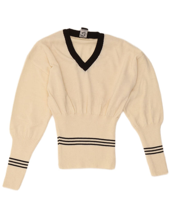 Pulover vintage pentru femei cu decolteu în V UK 8 mic din lână cu dungi alb