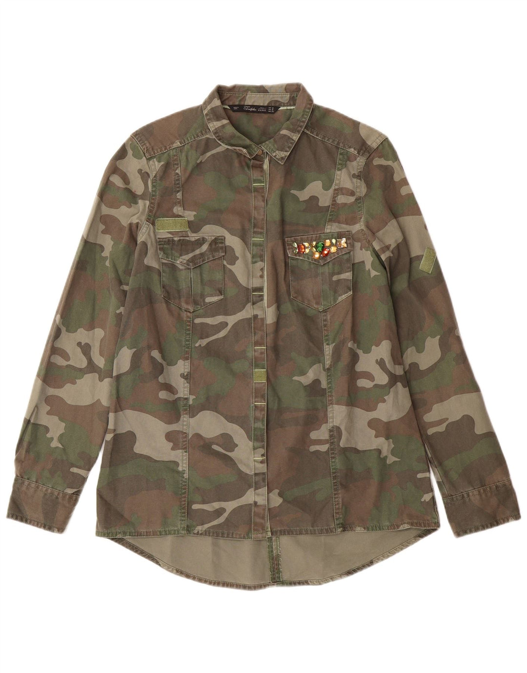 Cămașă militară ZARA pentru femei UK 12 Medium Khaki Camouflage Bumbac