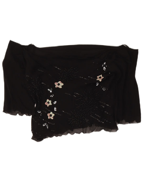 Top de damă vintage cu mâneci 3/4, cu umăr dezactivat, UK 18 XL, mătase florală neagră