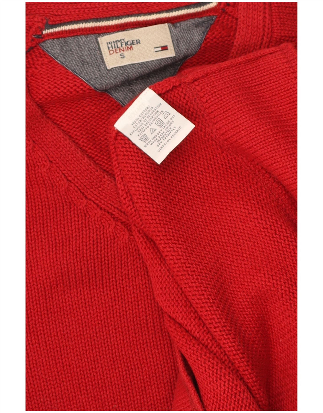 TOMMY HILFIGER Mens V-Neck Jumper Sweater Small Red Cotton
