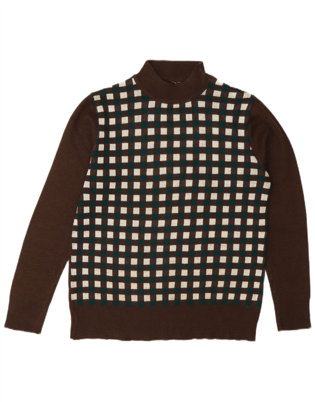 Pulover vintage cu gât țestoasă pentru femei UK 12 Medium Brown Geometric