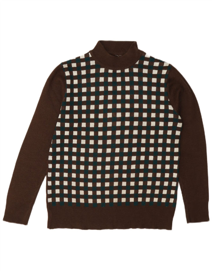 Pulover vintage cu gât țestoasă pentru femei UK 12 Medium Brown Geometric