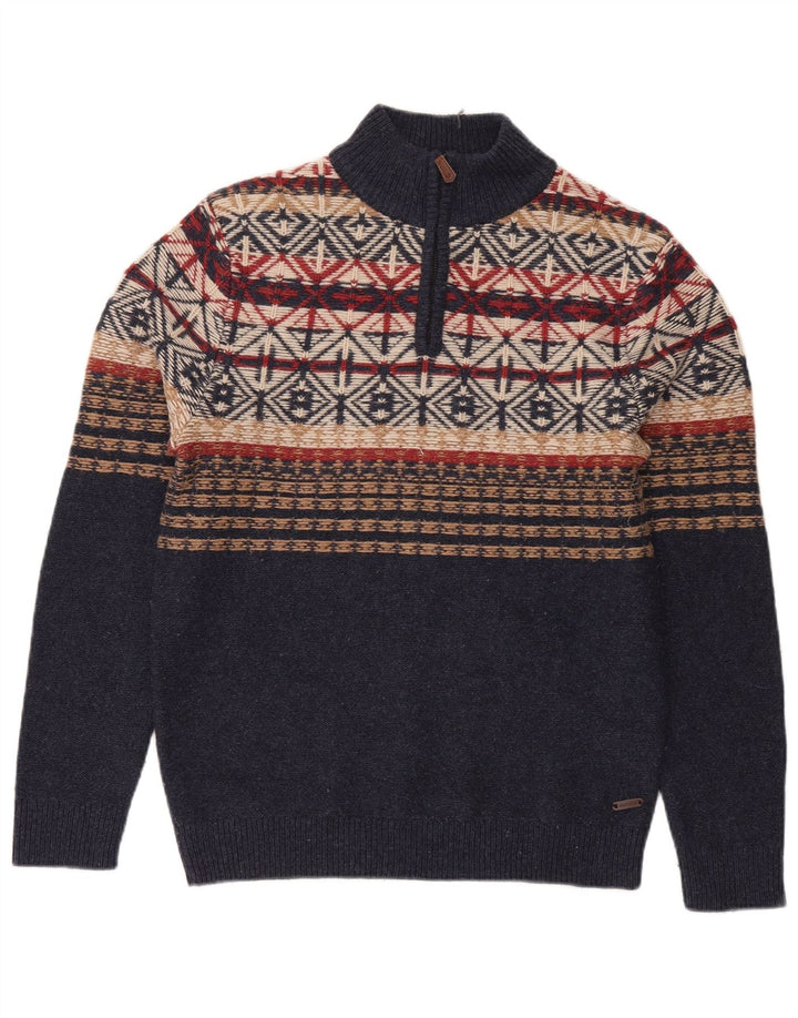White Stuff Pulover pentru bărbați, cu fermoar, cu gât, mic, bleumarin, Fair Isle