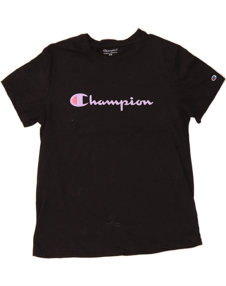 CHAMPION Womens Graphic T-Shirt Top UK 14 Medium Black Polyester Vintage Champion and Second-Hand Champion from Messina Hembry 