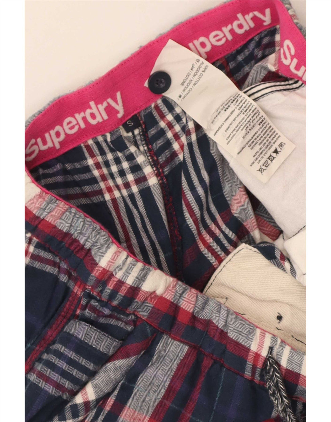 Pantaloni caldi pentru femei Superdry Mici W28 bleumarin din bumbac carouri