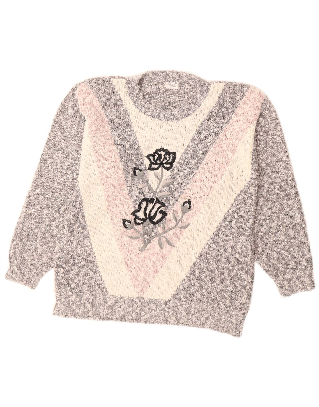 Pulover VINTAGE pentru femei cu decolteu triplu UK 14 Medium Gri Colorblock