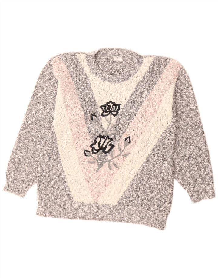 Pulover VINTAGE pentru femei cu decolteu triplu UK 14 Medium Gri Colorblock