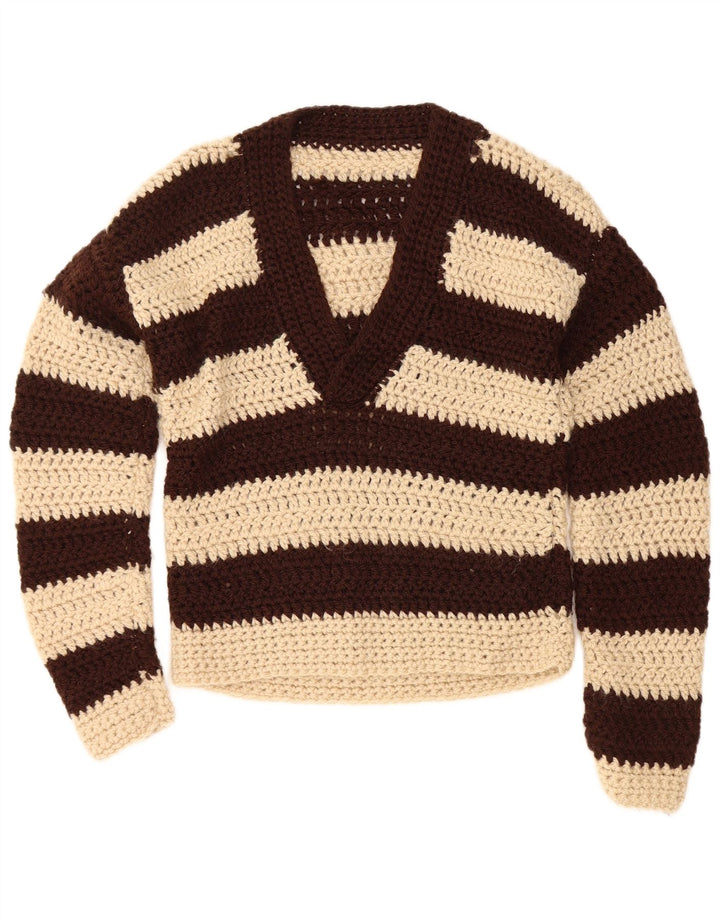 Pulover vintage pentru femei cu decolteu în V UK 12 Maro mediu cu dungi