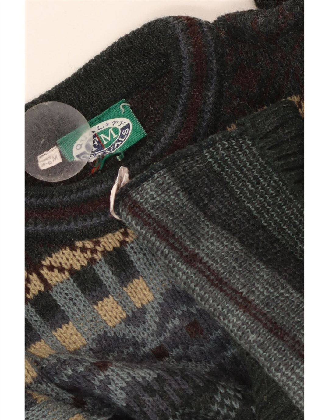 Pulover vintage pentru bărbați cu gât roșu, UK 38/40, gri mediu, Fair Isle