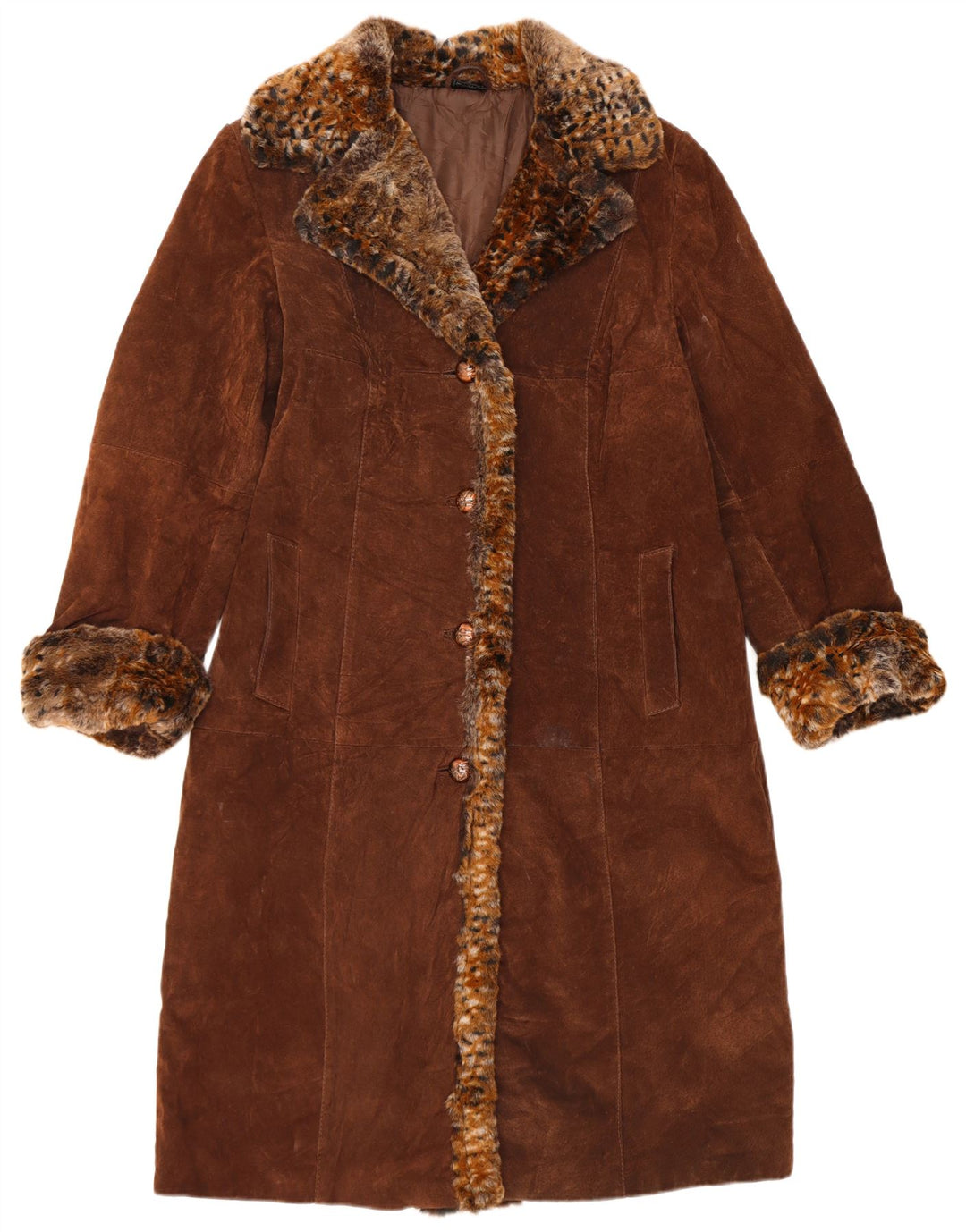 Pardesiu vintage pentru femei de piele intoarsa UK 14 mare maro din piele cu imprimeu animal