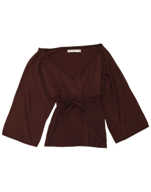 Zara Womens 3/4 Sleeve V-Neck Jumper Sweater UK 12 Medium Brown Cotton