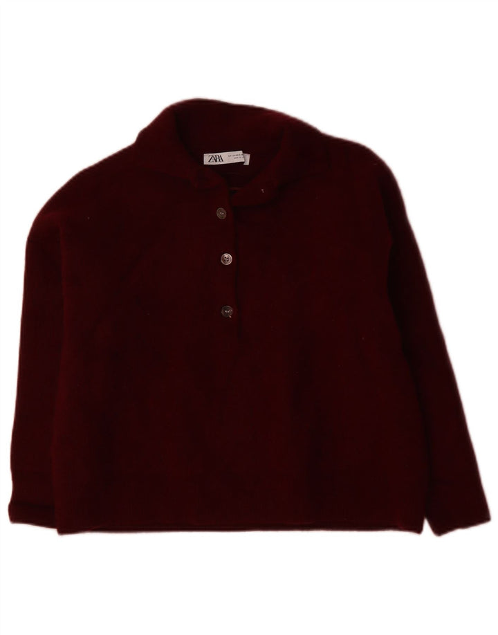 Pulover de damă ZARA, crop supradimensionat, cu decolteu polo, UK 6 XS Lână burgundă
